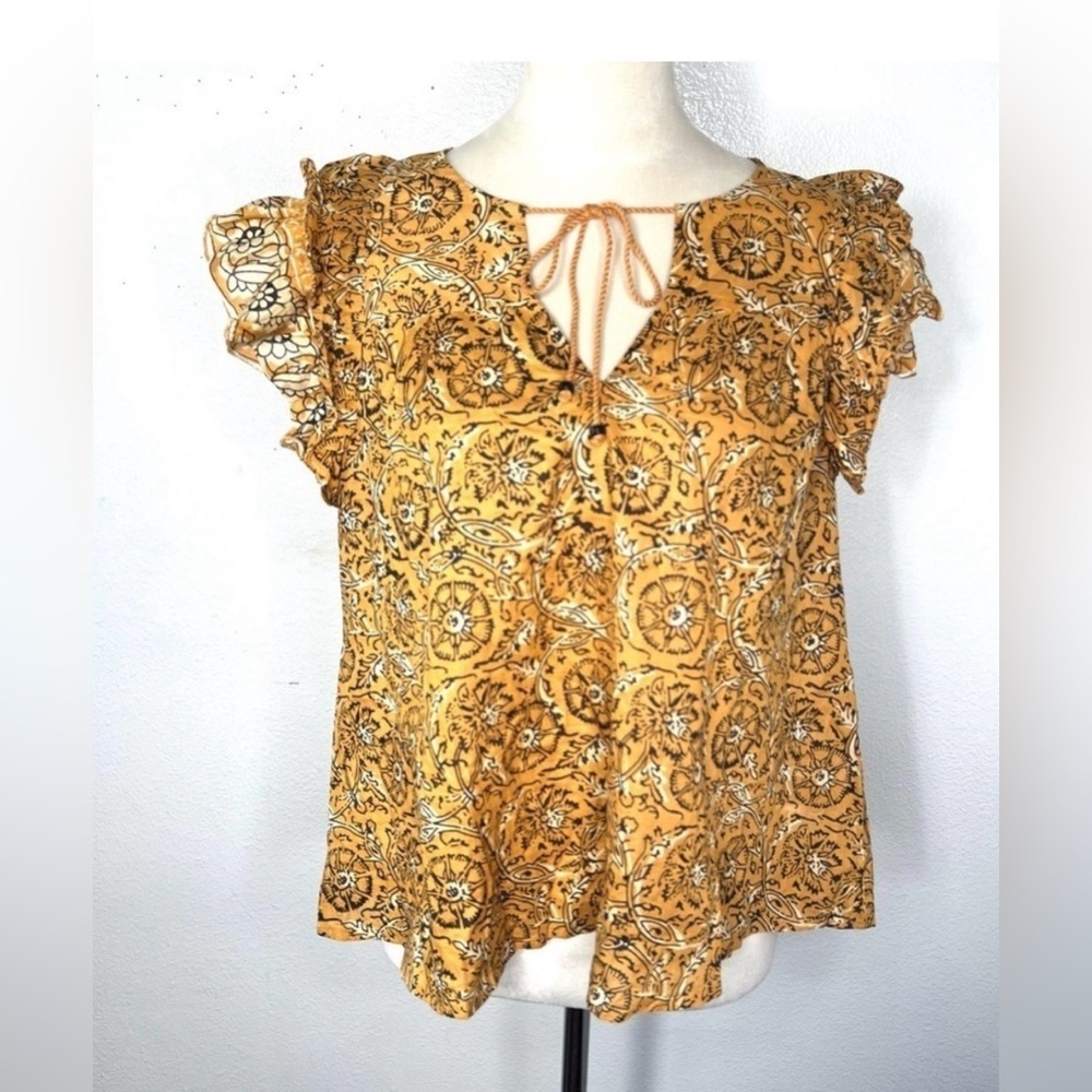 HOUSE OF HARLOW 1960 Flutter Sleeve Top Tie Front Mustard Yellow Blouse Medium